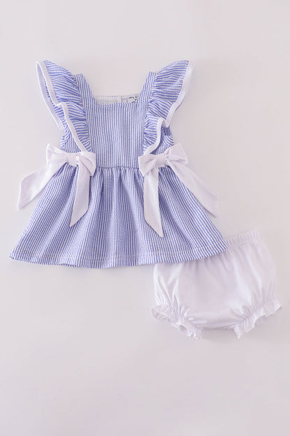 Blue stripe seersucker ruffle bloomer set