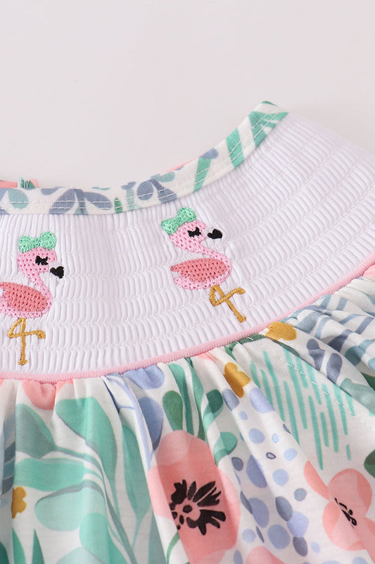 Floral flamingo embroidery smocked shorts set