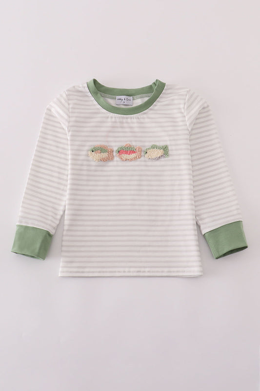 Sage fish french knot stripe top