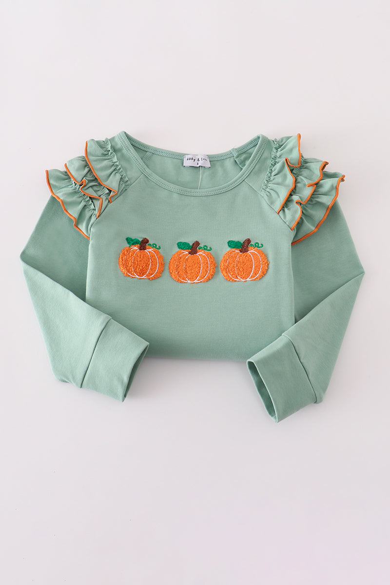 Sage pumpkin french knot ruffle top