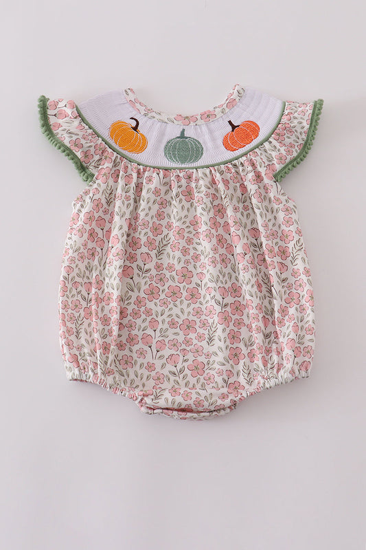 Pink pumpkin smocked floral ruffle bubble