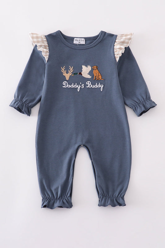 Navy hunting embroidery ruffle romper