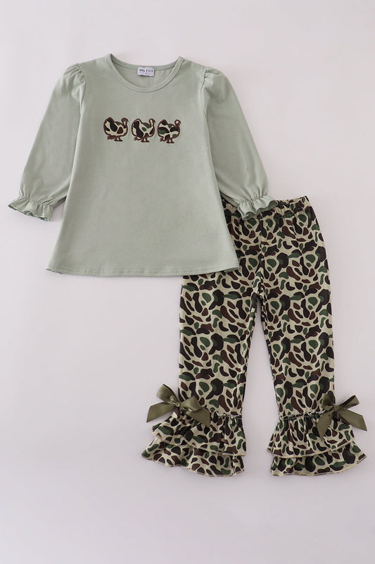 Sage camouflage turkey applique ruffle pants set