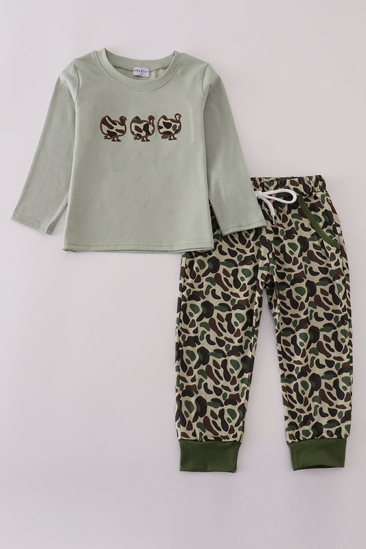 Sage camouflage turkey applique pants set