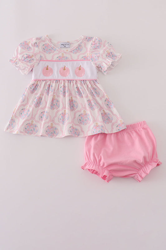 Pink pumpkin embroidery bloomer set