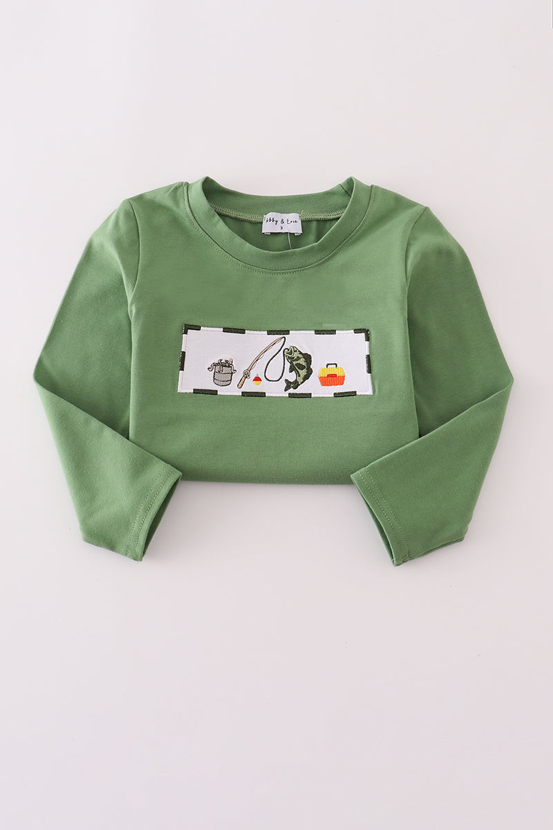 Green fishing embroidery top