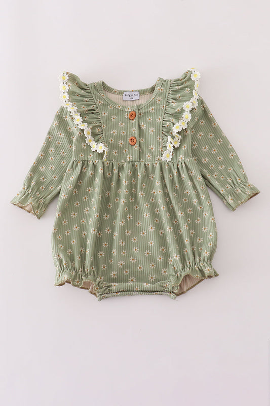 Green corduroy floral lace ruffle bubble