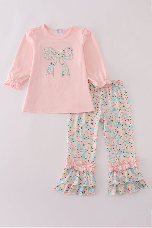 Pink floral print bow applique ruffle romper
