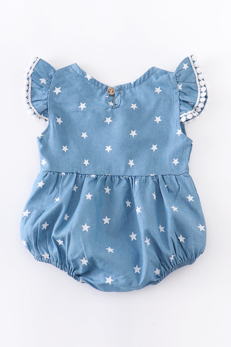 Navy star pom pom girl romper