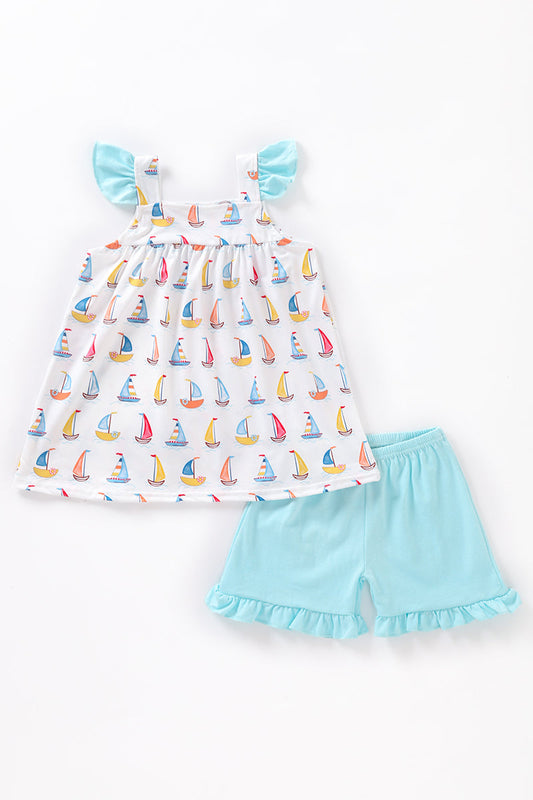 Sailboat print ruffle girl set