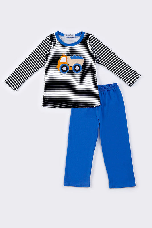 Blue truck applique stripe boy set