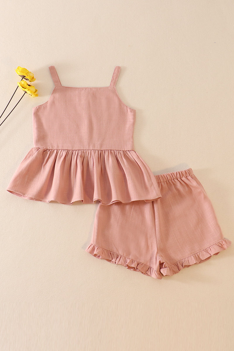 Pink linen ruffle 2pc girl set