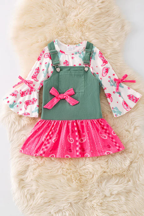 Green Corduroy Suspender Dress with Long Sleeve Cowgirl Boot Shirt