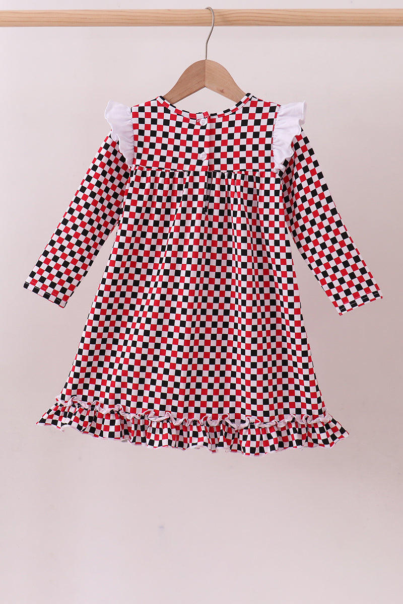 Checkered Georgia dog applique ruffle dress