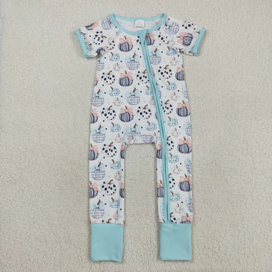 Coral and Blue Pumpkin Zip Romper