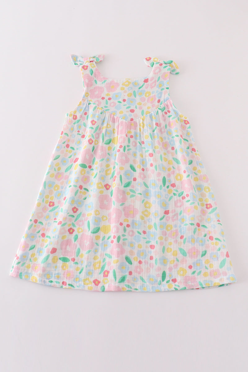 Premium Pink muslin leaves bow dress