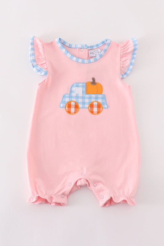 Pink truck pumpkin embroidery girl romper