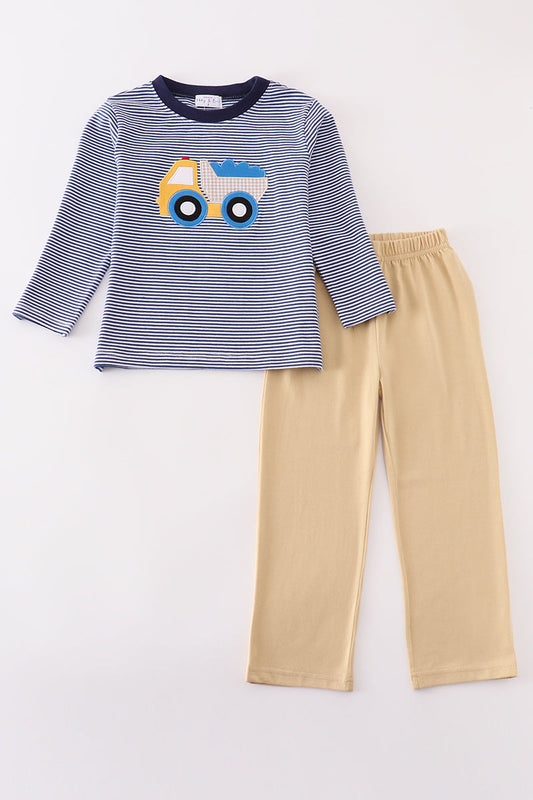 Premium blue stripe truck applique boy set