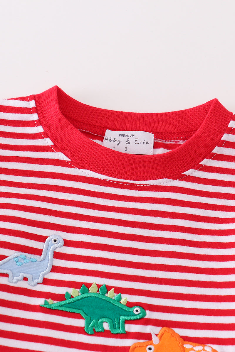 Premium red stripe dinosaur applique boy set