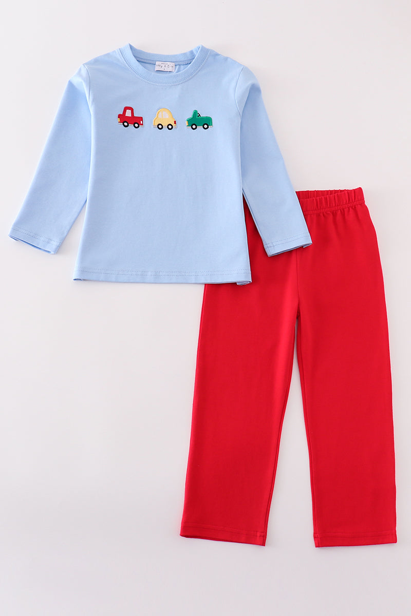 Premium blue vehicle applique boy set