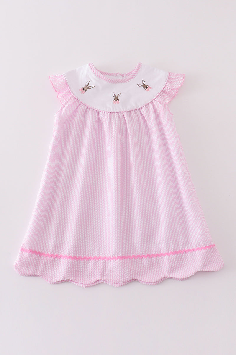 Premium pink stripe bunny embroidery girl dress