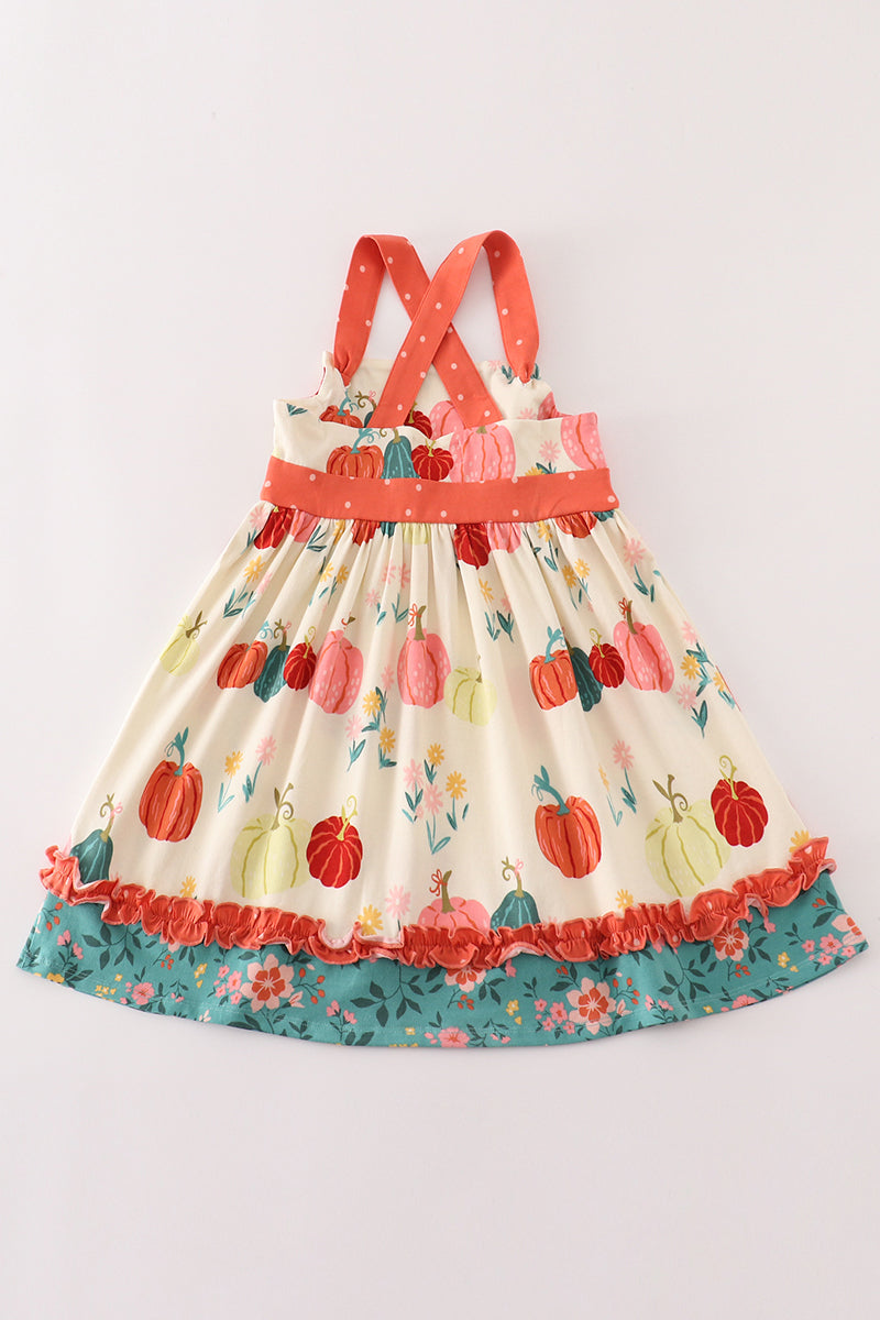 Platinum pumpkin print ruffle apron dress