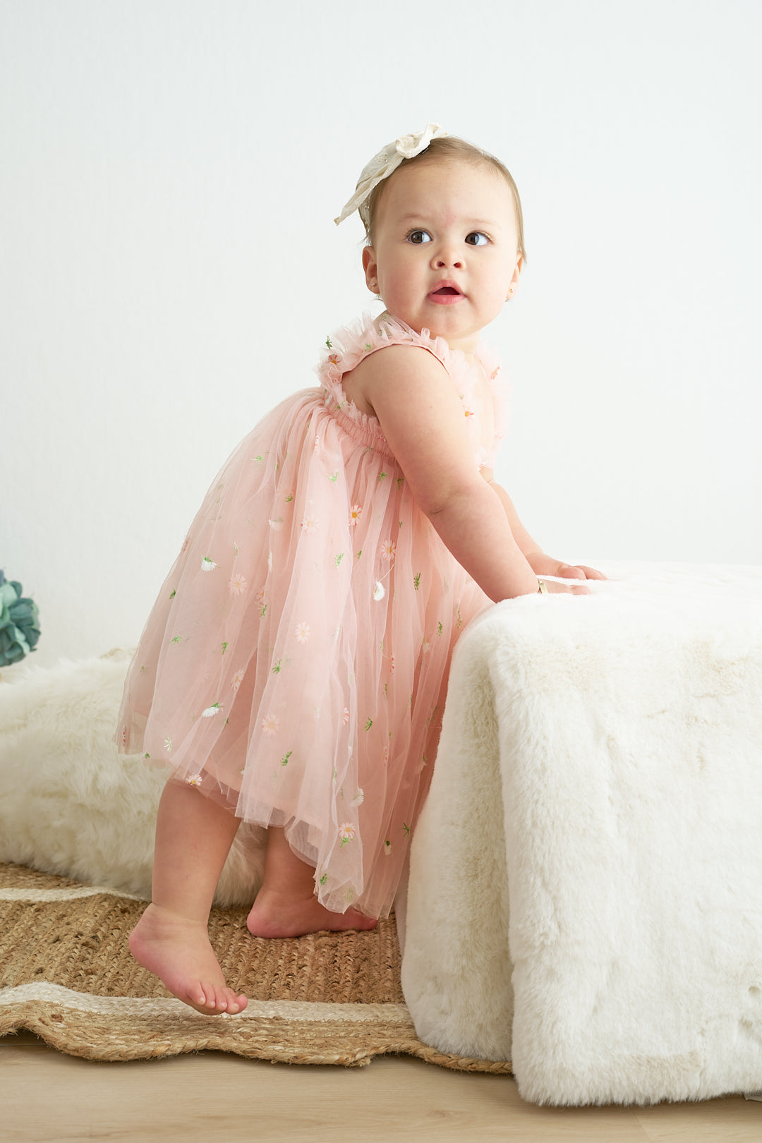 Pink strap daisy embroidery tulle dress