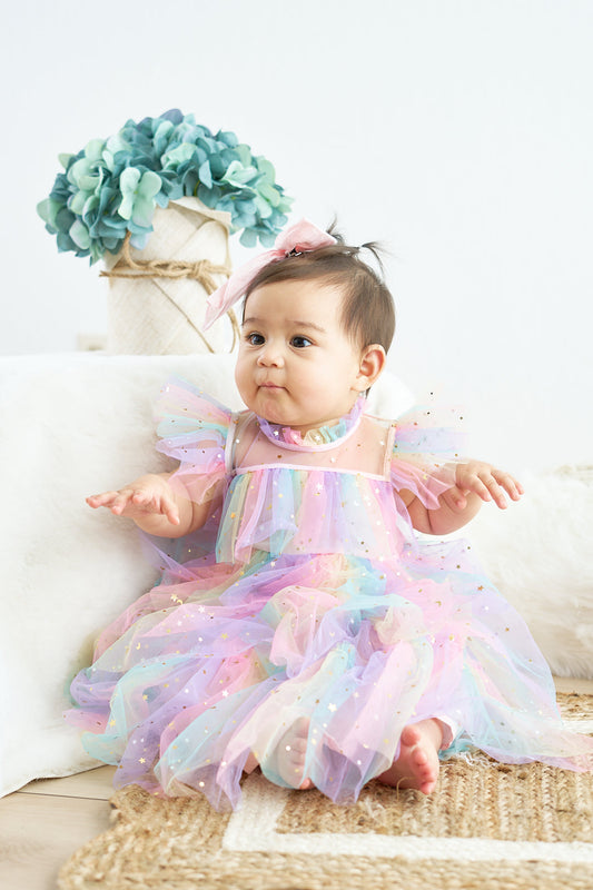 Rainbow star tiered ruffle tulle dress