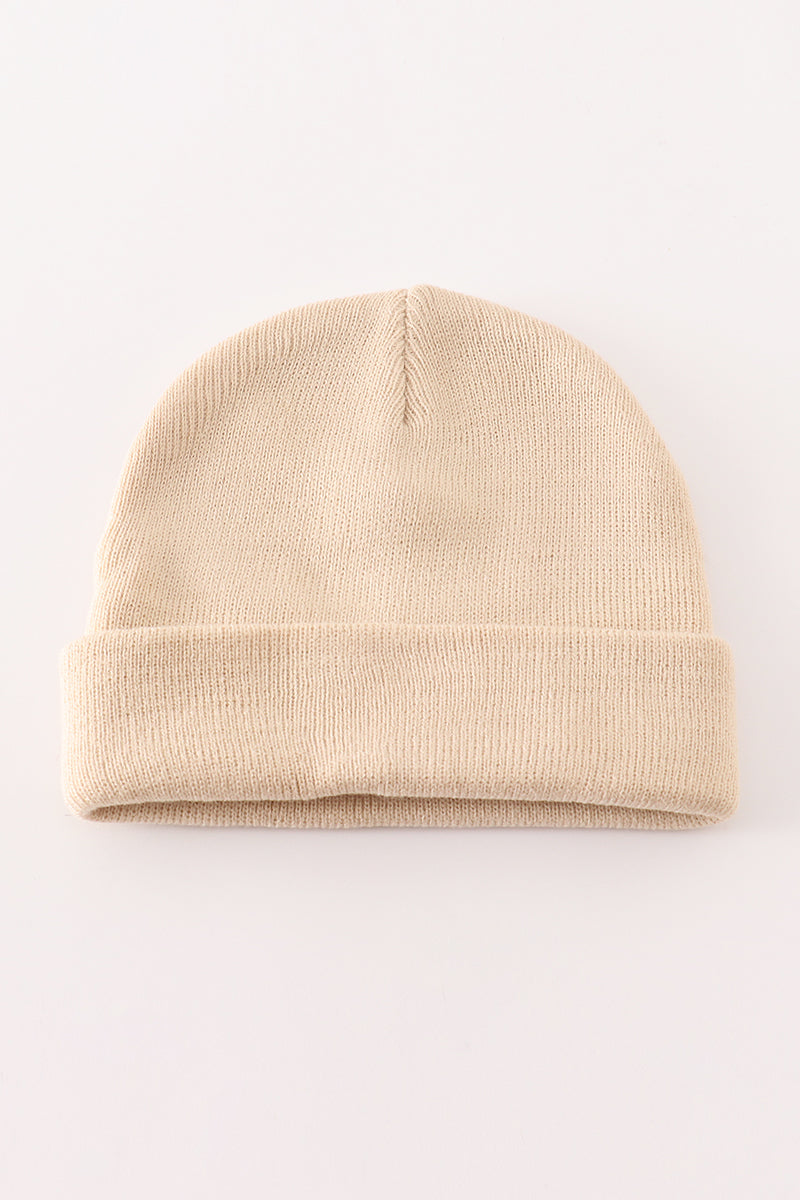 Beige ribbed basic knit beanie