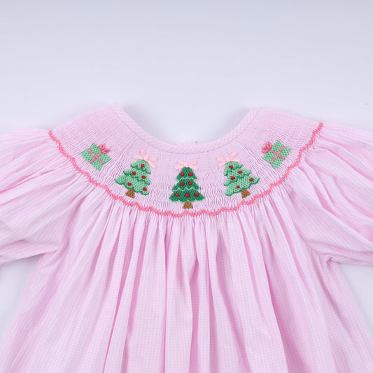 Pink christmas tree hand smocked dress