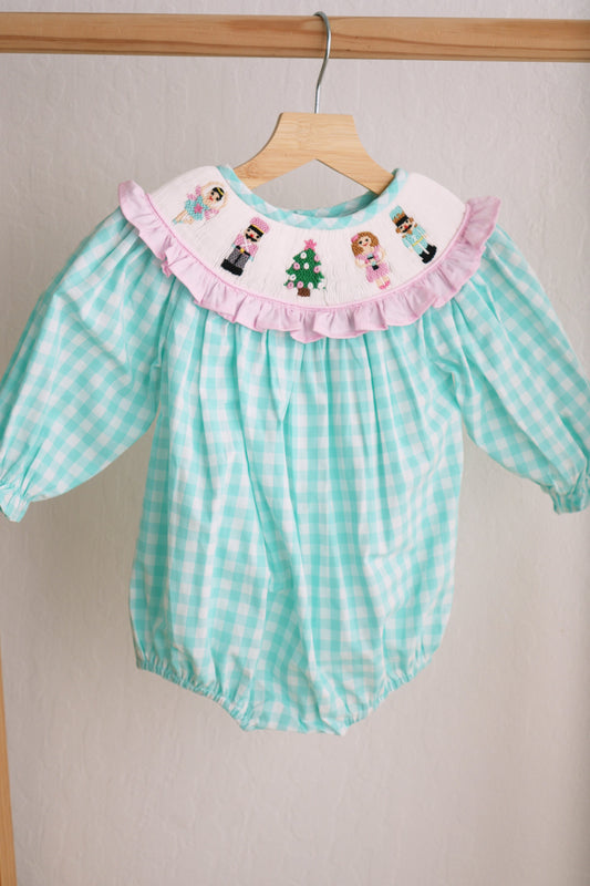 Mint christmas nutcracker hand smocked gingham bubble