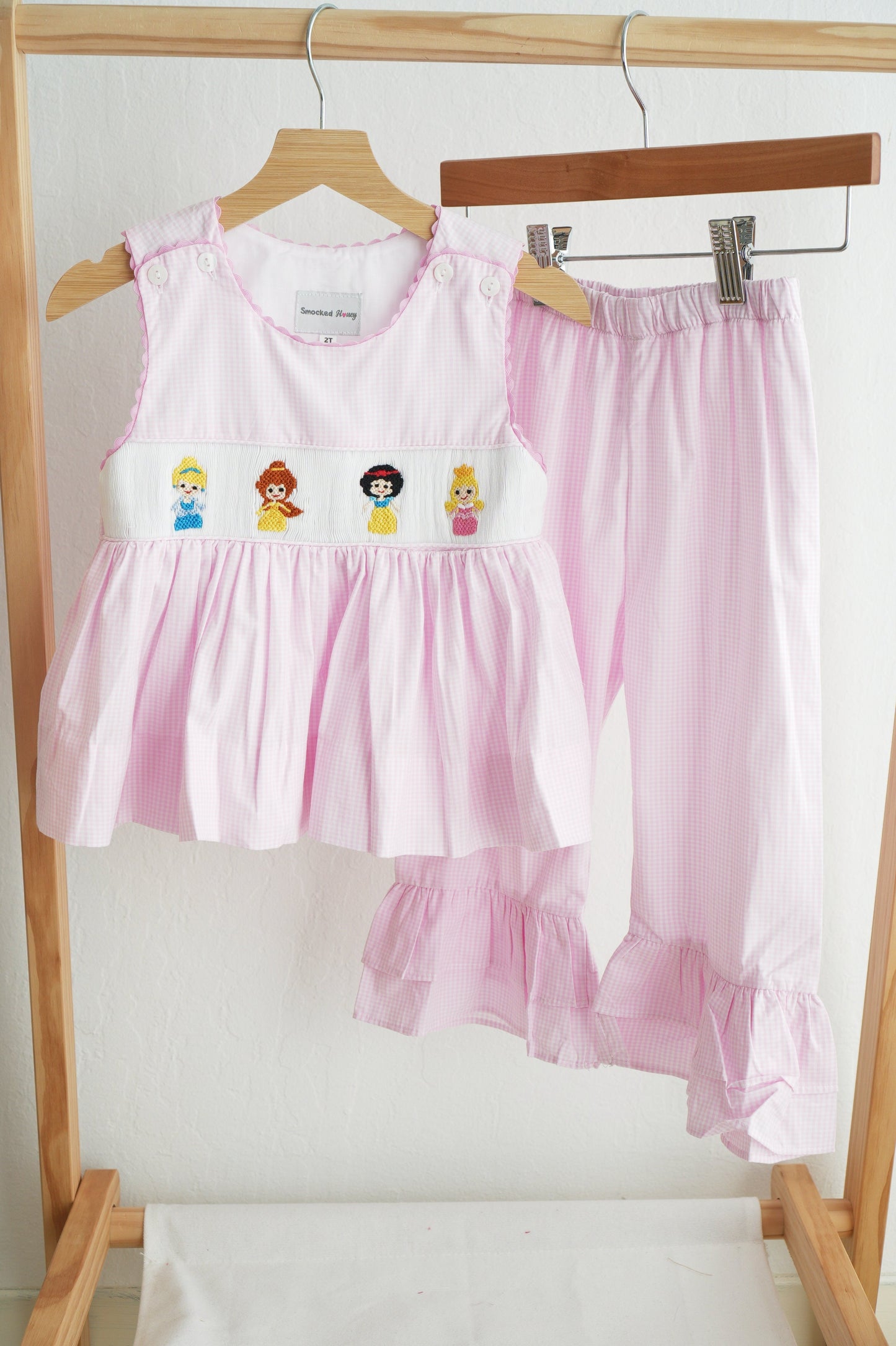 Pink princess hand smocked plaid ruffle pants set