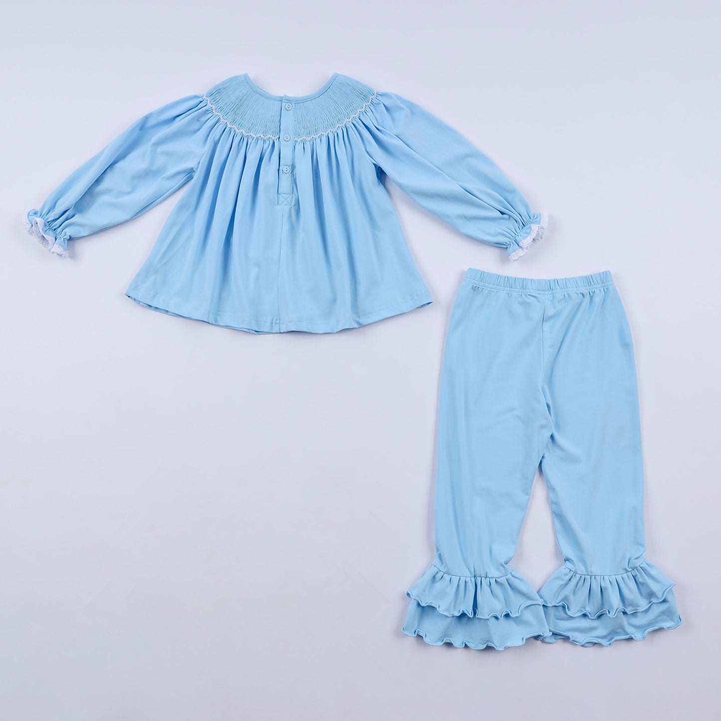 Blue nativity hand smocked ruffle pants set