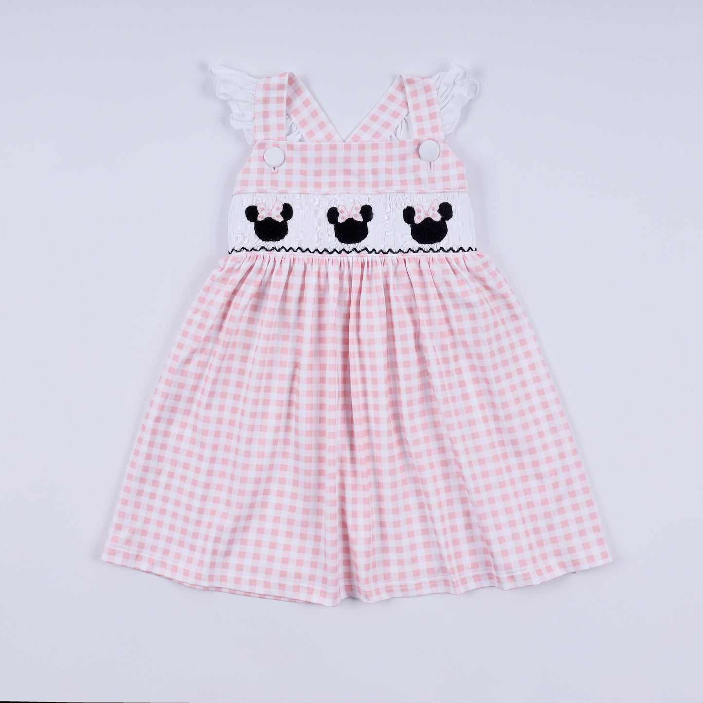 Pink character hand smocked gingham ruffle dress