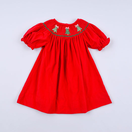 Red christmas tree hand smocked dress