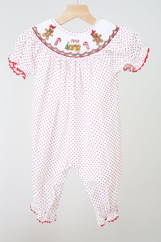 Red gingerbread hand smocked dot romper