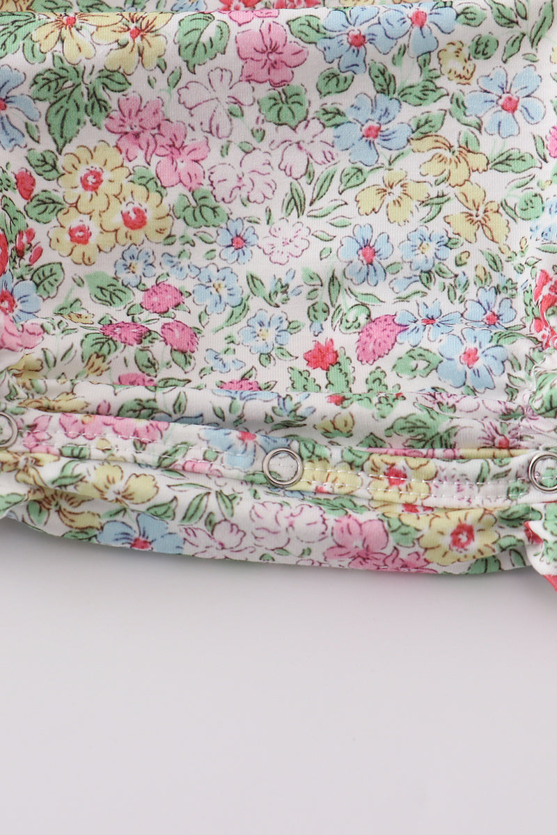 Floral print bunny embroidery smocked girl bubble