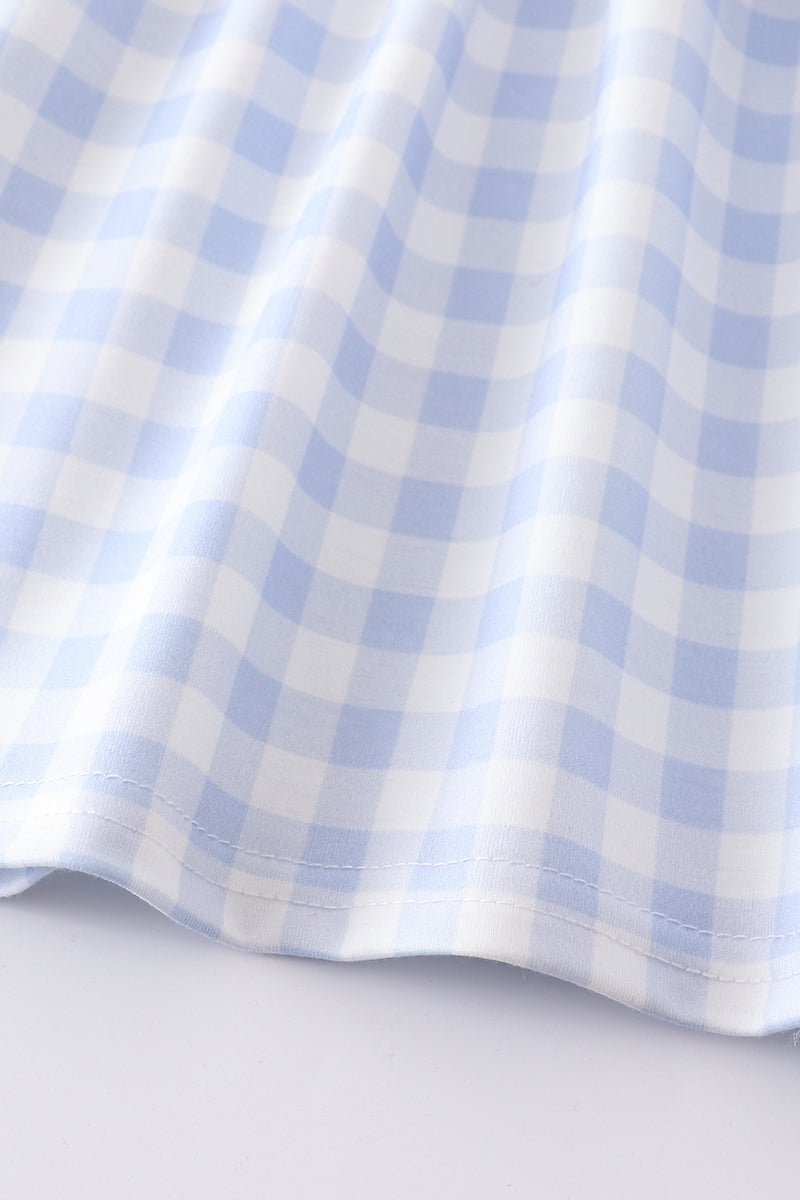 Blue plaid baseball embroidery girl set