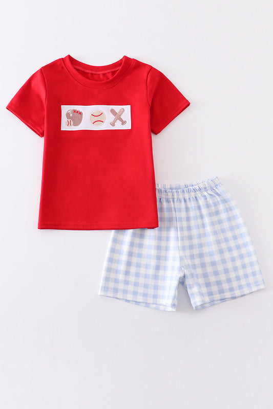 Blue plaid baseball embroidery boy set