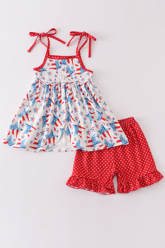 Red patriotic star flag print girl set