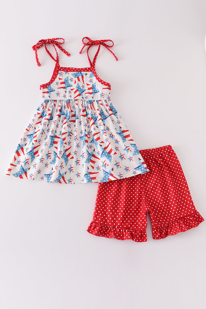 Red patriotic star flag print girl set