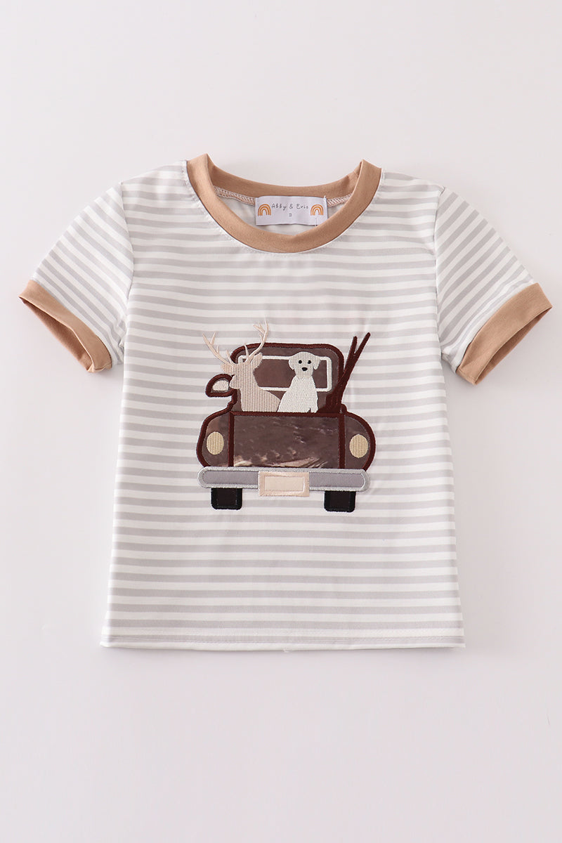 Brown stripe car hunting boy top