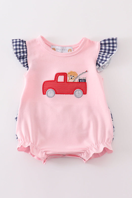 Pink fishing puppy applique girl bubble