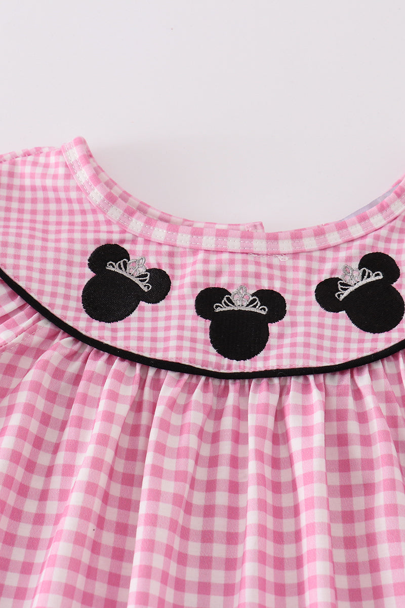 Pink character embroidery girl gingham dress