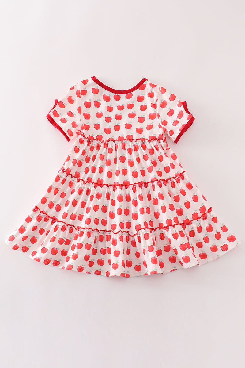 Red apple print tiered dress