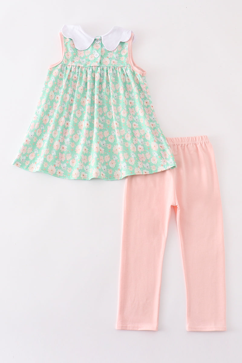 Green floral print girl set