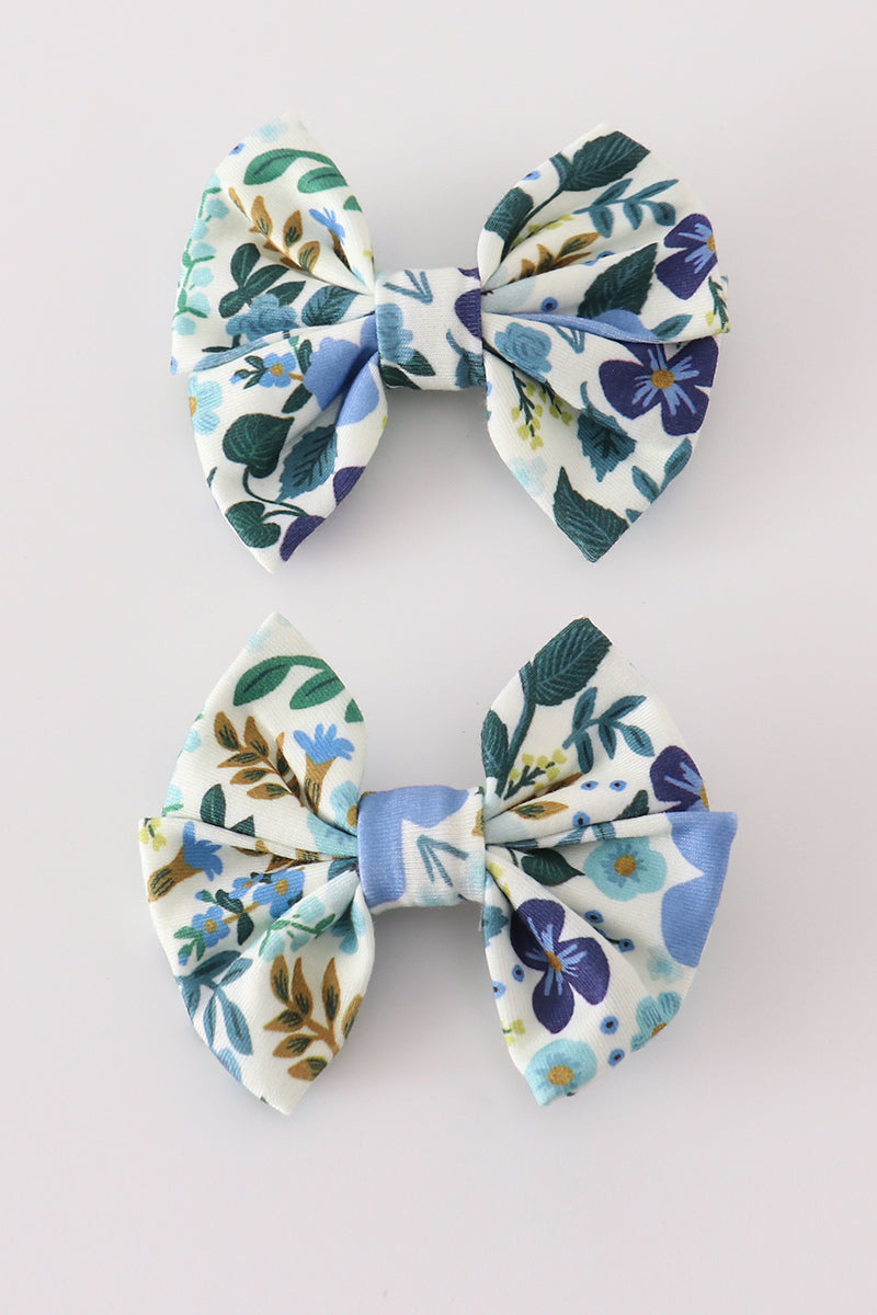 Blue floral print hair bow