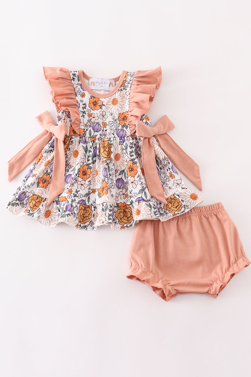 Coral floral print baby ruffle set