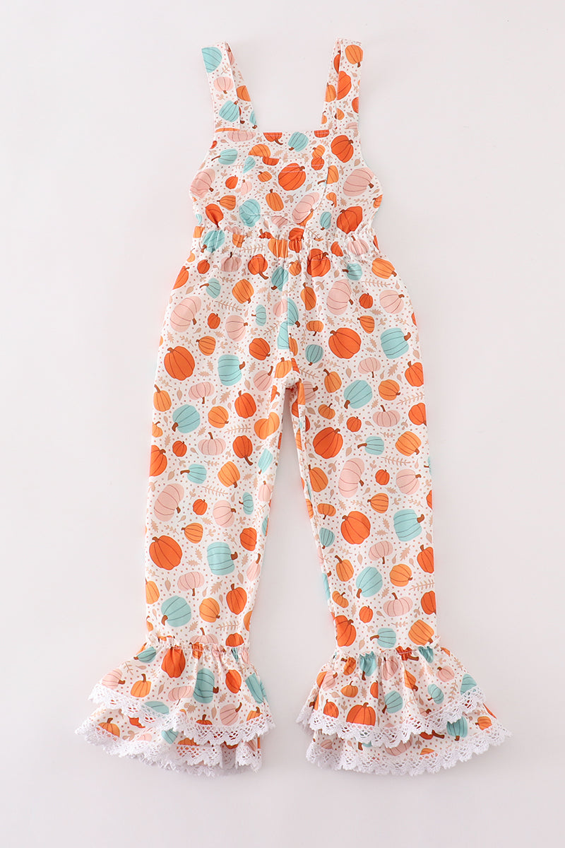 Orange pumpkin print girl jumpsuit