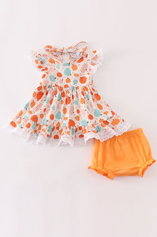 Orange pumpkin print ruffle bloomer set